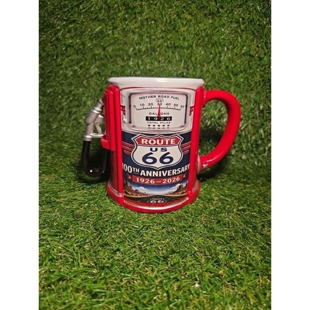 Route 66 100th Anniversary 1926-2026 Ceramic Mug w/ Red Gas Pump Handle